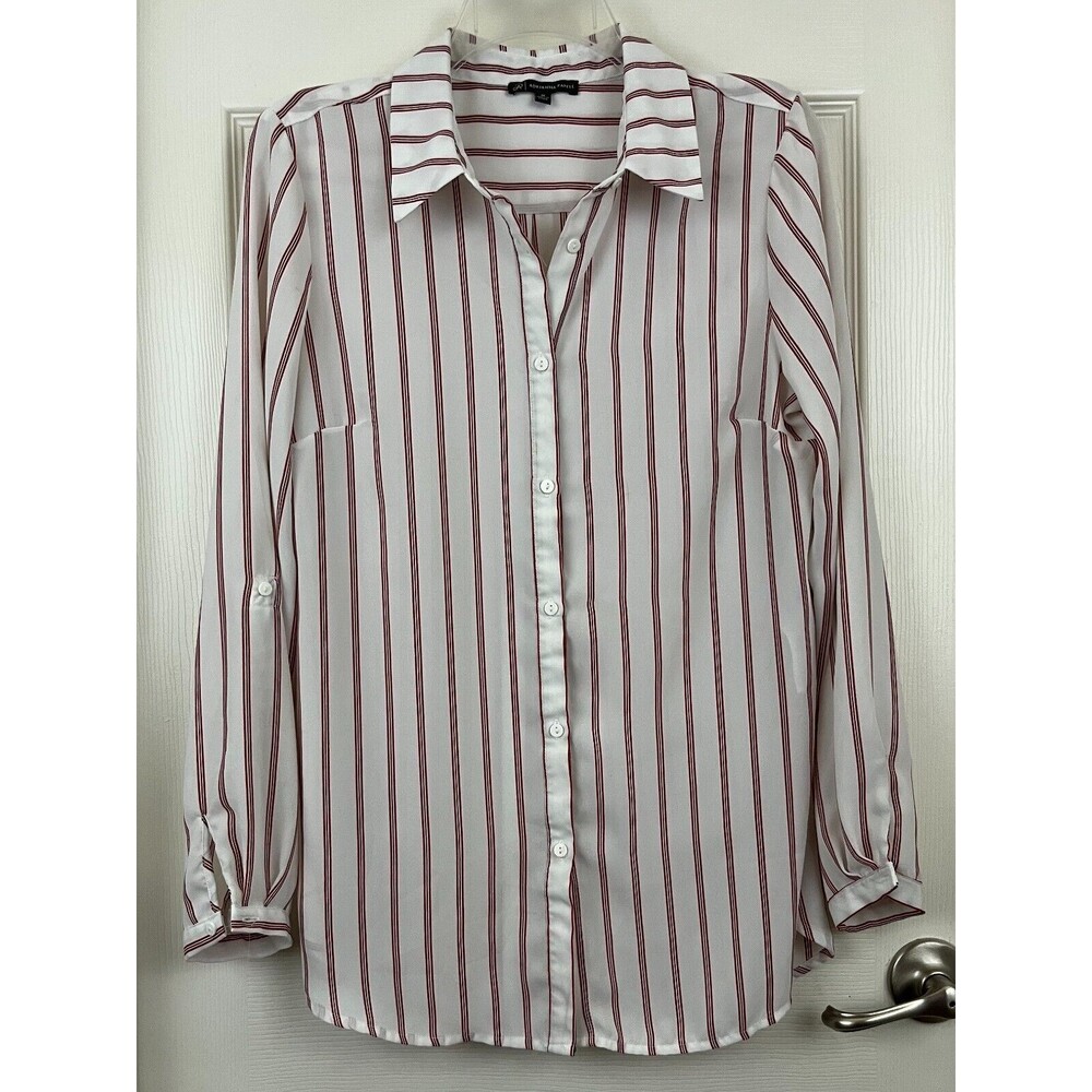ADRIANNA PAPELL - Red Blue Stripe Long Sleeve Button Up Chiffon Shirt Blouse M
